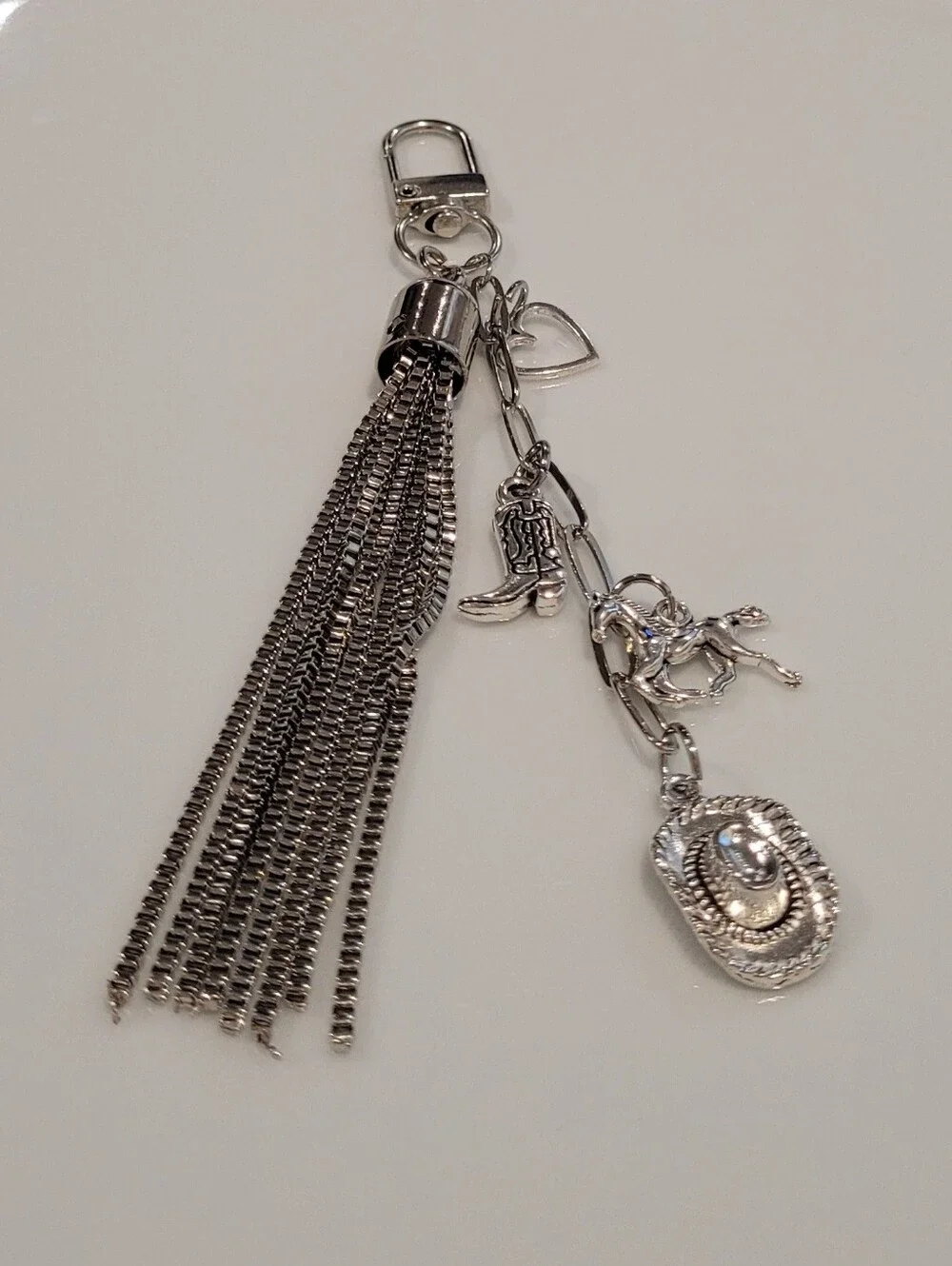 Western Theme Silver Tassel Charm Keychain with Cowboy Hat and Boot Charms